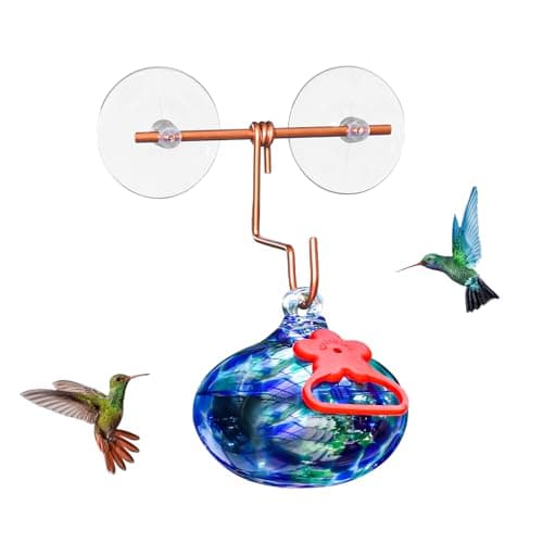 Pozfun Window Hummingbird Feeder with Suction Cups,Hand-Blown Glass Hummingbird Feeders for Outdoors Window Mounted with Metal Hook,Close Bird Watching,Finch in Garden,Yard(Dotted Blue) - Image 1
