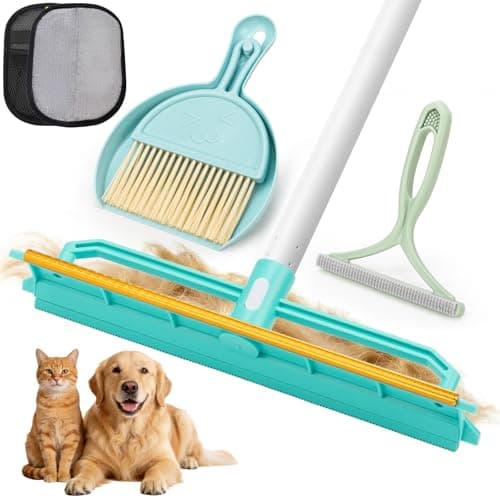 Lanniu Carpet Rake for Pet Hair Removal - 5-in-1 Rubber Broom and Metal Scraper Tool with 60" Adjustable Handle, Dustpan and Brush Set for Dog and Cat Fur on Rugs, Couch, and Car Seats - Image 1