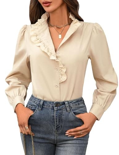 LOOKBOHO Blouses for Women Dressy Casual - Ruffle Mock Neck Button Down Tops Fall Dressy Elegant Solid Retro Shirts for Work, Office, Casual, and Formal Wear Beige Small