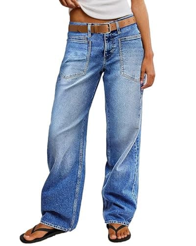 Flvsun Straight Leg Jeans for Women Trendy Mid Rise Stretchy Patch Pocket Baggy Jeans Casual Without Belt - Image 1