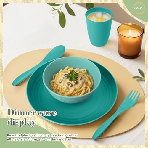 Wrova Wheat Straw Dinnerware Sets of 20,Dishwasher Safe Kitchen Plates and Bowls Sets,Camping Dishes Sets Contains Dinner Plates,Cereal Bowls,Drinking Cups and Flatware.(Green) - Thumbnail 4