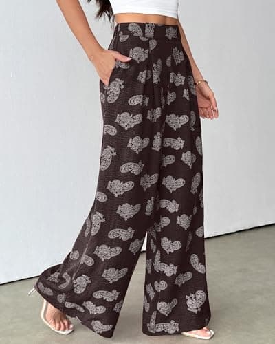 Bsubseach Women Palazzo Pants Modern Boho Floral High Waisted Wide Leg Pants Summer Causal Beach Trousers with Pockets Brown XL - Thumbnail 5