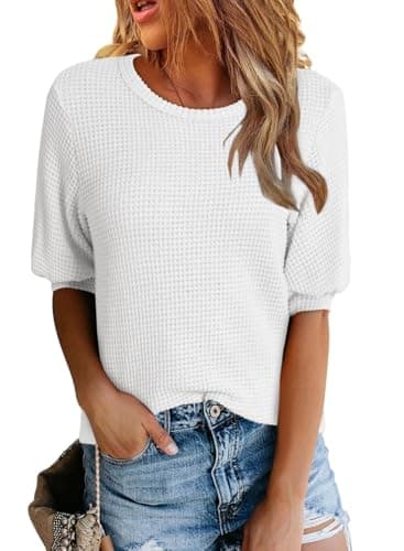 Dokotoo Plus Size Tops for Women 2026 Casual Crewneck Short Lantern Sleeve Blouse Waffle Knit Pullover Shirts Fashion Short Puff Sleeve White T Shirts Oversized Pullover Shirt X-Large - Image 1