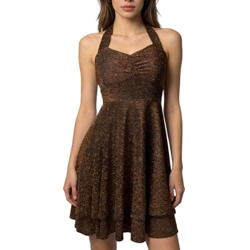 Mogancaiyi Sparkly Halter Dress for Women, Sleeveless Cocktail Party V Neck Sparkling Dresses Women's Evening Clubwear (US, Alpha, X-Large, Regular, Regular, Black Gold) - Image 1