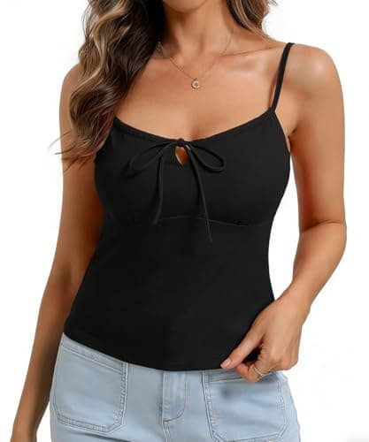 Belle Poque Women's Tie Front Spaghetti Strap Top Sexy Cutout Crop Tank Top Y2k Slim Fit Going Out Camisole Tops Black,S - Image 1