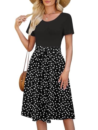 Heymoments Ladies Dresses Polkadots Black Large Wedding Guest Crewneck Short Sleeves A line Casual Flowy Swing Cocktail Slimming Birthday Party Summer Travel Long Midi Dresses with Pocket - Image 1