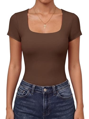 ANRABESS Women's Short Sleeve Double Lined Tops Built in Bra,Brown,XS - Image 1