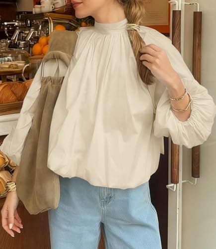 Tankaneo Womens Babydoll Tops Puff Long Sleeve Open Back Bow Tie Blouses Bubble Mock Neck Pleated Shirts Apricot - Thumbnail 2