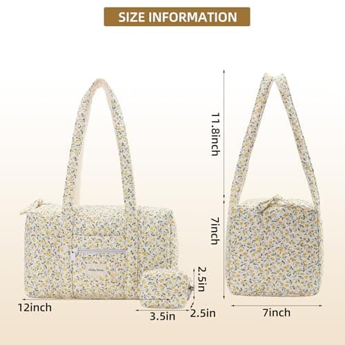 Molly Moon Top Zipper Floral Quilted Duffle Bag for Women, Yellow Quilted Small Floral Tote Bags with Coin Purse, Cute Cotton Shoulder Bag for Travel, Work, School - Thumbnail 5