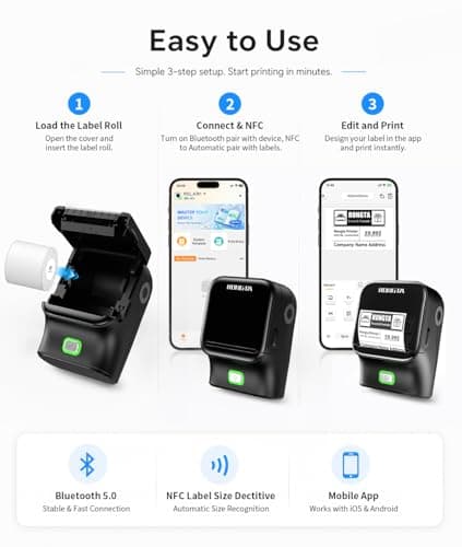 Rongta Bluetooth Label Maker Machine, Thermal Label Printer Easy to Use for Office, Home, Business, Came with 1 Roll 2x1.18 inch White Label(Black) - Thumbnail 3