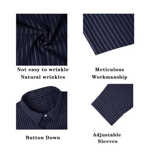 BAYAMO Men's Button-Down Striped Shirts Casual Long Sleeve Cotton Linen Collared Shirts Fashion Business Dress Shirt Navy M - Thumbnail 6