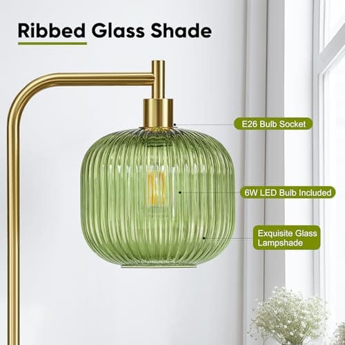 QiMH Glass Floor Lamp for Living Room, Modern Standing Lamp with Ribbed Glass Lampshade Pedal Switch, 67” Tall Lamp for Bedroom Study Room, Brushed Gold (2700K LED Bulb Included) - Thumbnail 3