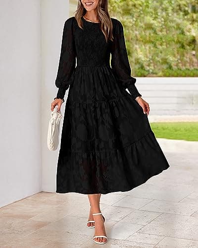 BTFBM Wedding Guest Dresses for Women Fall Fashion 2025 Casual Long Sleeve Floral Maxi Boho Homecoming Dress(Black,Large) - Thumbnail 4