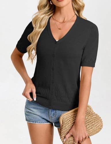 GRACE KARIN Short Sleeve Cardigans for Women Lightweight 2026 Summer Shirts Button Up Knit Sweater Tops Spring Clothes Black - Thumbnail 2