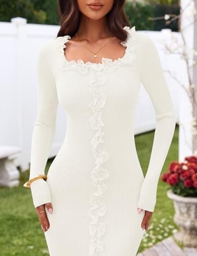 MEROKEETY Womens Spring Flower Bodycon Sweater Dress 2026 Fall Long Sleeve Square Neck Ruffle Ribbed Knit Midi Dresses, White, Large - Thumbnail 4