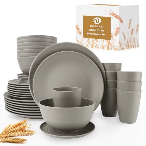 BUSOKIP 40 Pieces Plates and Bowls Sets, Wheat Straw Dinnerware Sets Service for 8, Camping Plates, Cereal Bowls and Drinking Cups, Lightweight and Reusable Plastic Dinnerware Sets (Grey)