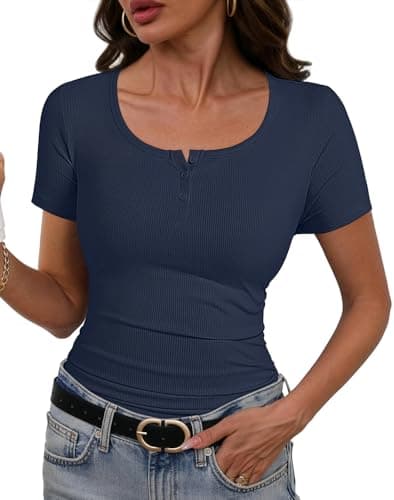 Henley Shirts for Women Ribbed Short Sleeve Tops Button Up Scoop Neck Tops Summer 2026 Casual Slim Fitted Tops Basic Blouse (Navy Blue, Large) - Thumbnail 2
