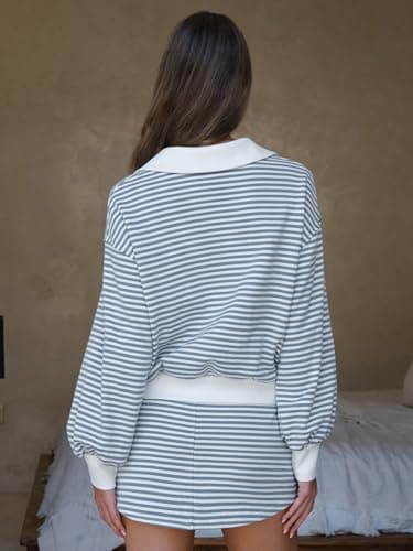 EXLURA Womens Two Piece Sets Cotton Striped Sweatshirt Matching Skirt Skort Tennis Vacation Cruise Outfits Travel Set 2026 - Thumbnail 6