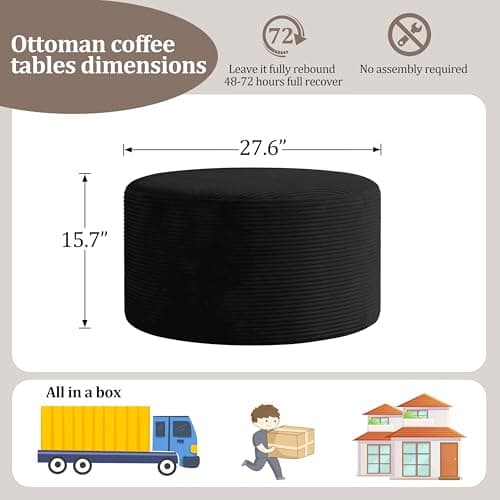 BSHOMGI Round Coffee Table Ottoman for Corduroy Cloud Sectional Couches in a Box Memory Foam Compressed Pouf Footstool Rest for Living Room, Bedroom, Makeup Room No Assembly Require(Black, 32") - Thumbnail 2