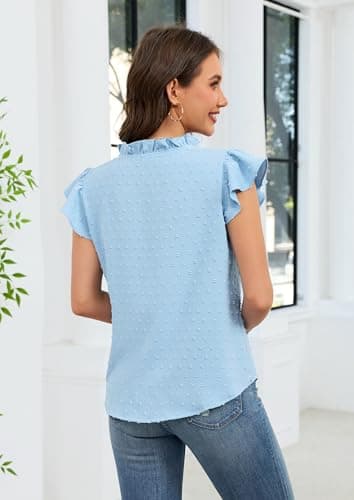 ECOWISH Womens Summer Tops Dressy Casual Ruffle V Neck Short Sleeve Blouses Swiss Dot Flowy Shirt Trendy 2026 Light Blue X-Large - Thumbnail 4