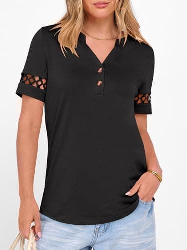 ANRABESS Womens Short Sleeve Tops Henley V Neck Blouses Dressy Casual 2026 Summer Trendy Tee Shirts Work Business Outfits Black Medium - Thumbnail 3