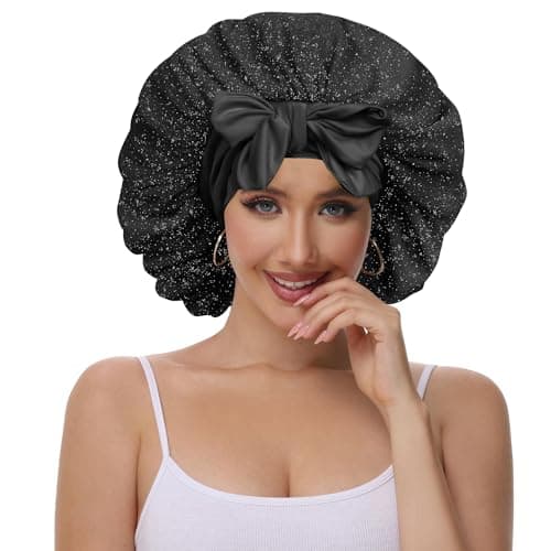 Vettres Satin Hair Bonnet for Sleeping Double Layer Bonnet with Tie Band Glittering Mesh Sleep Cap for Curly Natural Hair Black - Thumbnail 2