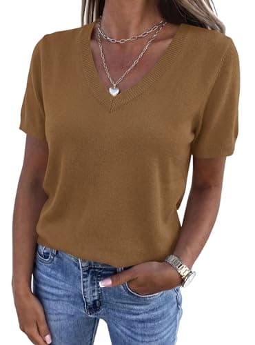 PRETTYGARDEN Womens Short Sleeve Sweaters V Neck Business Casual Tops Lightweight Sweater Shirts 2026 Summer Spring Outfits (Khaki,XX-Large) - Image 1