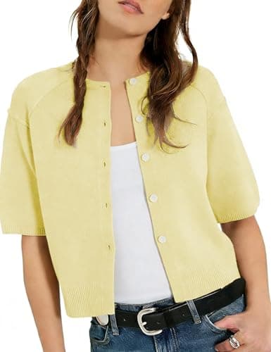 AMEBELLE Cropped Cardigan for Women Short Sleeve Ribbed Knit Button Up Shirt Lightweight Crewneck Casual Sweaters Tops (2668-Yellow-L)