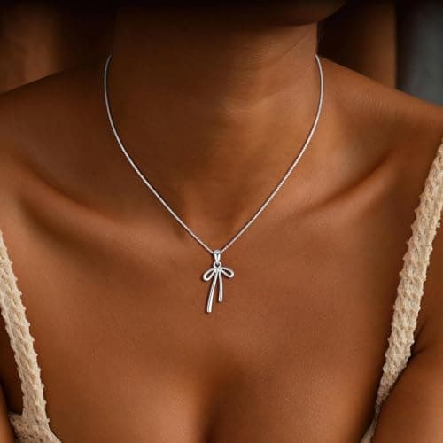 Fezodo Bow Necklace for Women Girls - Silver Bow Pendant Necklace Teen Girls Gifts Trendy Stuff Valentines Day Christmas Birthday Day Gifts for Girl Kids Jewelry - Thumbnail 4