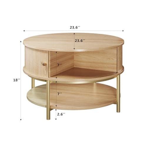 23.6" Round Coffee Table with Storage, 3-Tier Small Round Coffee Table with Sliding Cabinet Door & Round Metal Legs, Mid Century Modern Coffee Tables for Living Room, Oak - Thumbnail 2