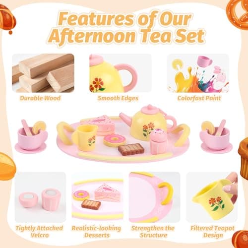 Tea Party Set Wooden Tea Sets for Toddlers 3-5 Play Food Pretend Play Toys Kids Tea Set for Girls 6-8 Birthday Gift Wooden Tea Party Set for Little Girls 3 4 5 6 Years Old Outdoor Tea Time Game - Thumbnail 3