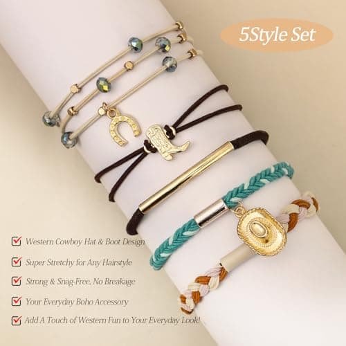 5 Pcs Hair Tie Bracelets for Women, Western Cowboy Hat & Boot Design Boho Hair Ties, No-Pull, No-Damage Elastic Hair Bands for Fine & Thick Hair Ponytail Holders - Thumbnail 3