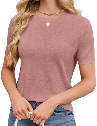 SunnyMelody Womens Short Sleeve Sweater Tops Wool Knit Cashmere Lightweight Cropped Crew Neck Elastic Hem Teacher Office Blouses Shirts Classic Work Casual Spring 2026 Rose Taupe L - Image 1