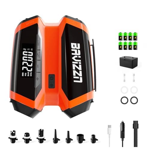 BAVIZZN 76.96Wh Rechargeable SUP Pump, 22PSI Electric Paddle Board Pump with Auto-Off & LCD, Dual Power (Battery/12V Car) & Type-C, Portable Inflator for 6 SUPs, Kayak Boat Camping Inflatables