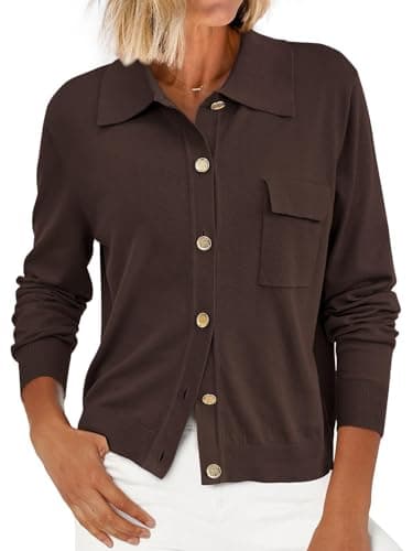PRETTYGARDEN Womens Tops Dressy Casual Button Down Long Sleeve Shirts for Women Plus Size Collar Lightweight Cardigans (Brown, XX-Large) - Image 1