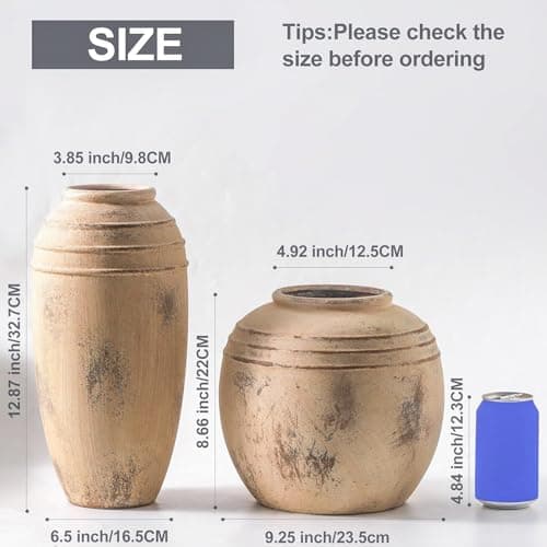 Lyeec Ceramic Flower Vase, 8.66 inch Tall Round Rustic Farmhouse Decorative Vase for Home Decor, Living Room Entryway Table Centerpiece Decor - Thumbnail 2