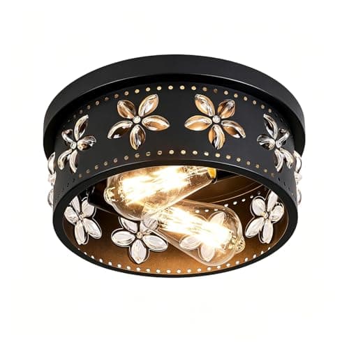 Glintawn 10.6 inch Black Flush Mount Ceiling Light Fixture, 2-Light Ceiling Mount for Industrial, Crystal Light Fixtures for Farmhouse, Bedroom, Living Room, Kitchen, Hallway, Foyer (1 Pack)
