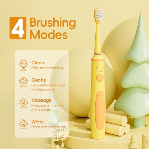 KIWIBIRD Kids Electric Toothbrush for Ages 3–10, Toddler Sonic Toothbrush with 4 Modes & Soft Silicone Bristles, 2-Min Timer Pressure Sensor, 45-Day Rechargeable Battery, Waterproof (Yellow) - Thumbnail 5