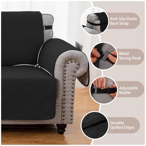Eusalioy 100% Waterproof Couch Cover for Dogs, Anti-Slip Washable Sofa Cover with Elastic Straps & Side Pockets, Durable Furniture Protector for Kids, Pets & Dogs (Armchair 23", Black) - Thumbnail 5