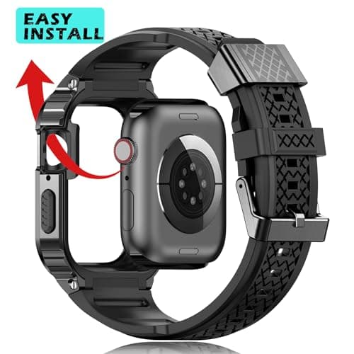 Deczone Band with Stainless Steel Case Compatible with Apple Watch Series 9 8 7 45mm Band, iwatch Bands Rugged Metal Protective Cover for Men (Grey) - Thumbnail 5