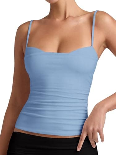 PINKMSTYLE Women Spaghetti Strap Double Lined Camisole Tank Tops Sleeveless Open Back Cami Top Slim Fit Ruched Shirt Baby Blue Small - Image 1