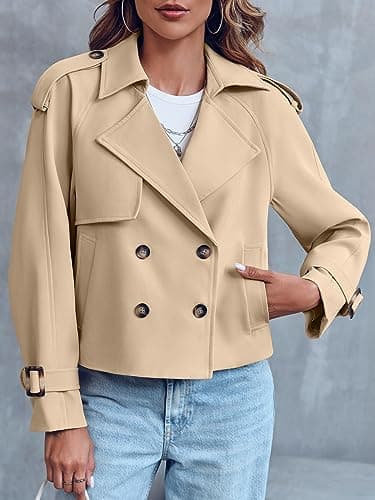 Saodimallsu Women Crop Double Breasted Trench Coat Raglan Sleeve Work Office Cropped Jacket With Pockets - Thumbnail 3