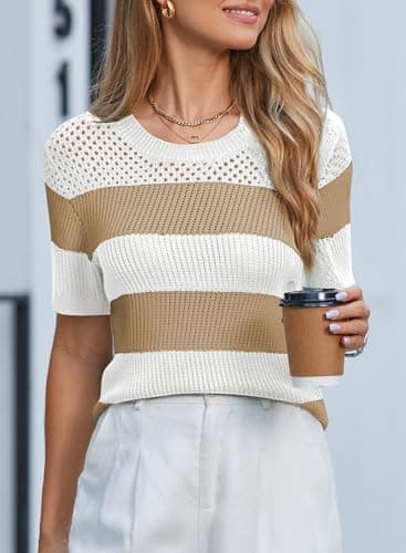 Dokotoo Womens Summer Tops Casual Short Sleeve Crewneck Shirts for Women 2026 Fashion Trendy Striped Colorblock Blouses T-Shirt Cute Round Neck Top Khaki Small - Thumbnail 4