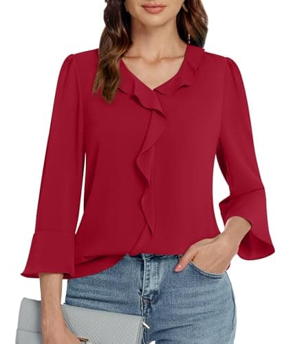 Funlingo Womens 3/4 Sleeve Tops Dressy Casual Ladies Chiffon Tunic Blouses V Neck Business Work Ruffle Shirts 2025 Summer Clothes Red 3XL - Image 1