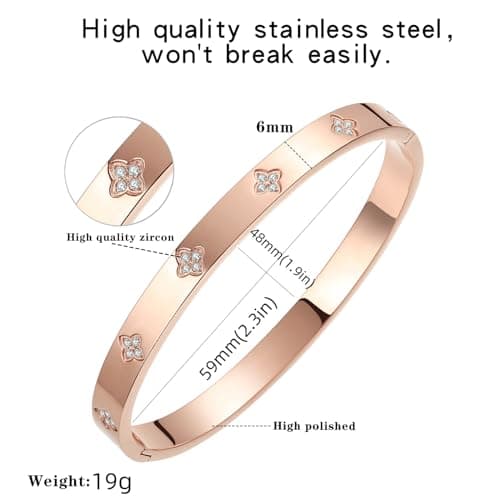 BOLAGTIER Gold Plated Bangle Bracelets for Women Four Leaf Clover Lucky Love Cubic Zirconia Bracelet (Clover Rose Gold-Small) - Thumbnail 4