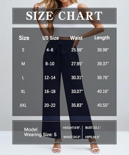 NILOUFO Casual Pants for Women Summer Lightweight Wide Leg Pants High Waisted Elastic Waist Tie Knot Trousers with Pockets(Navy Blue, Large) - Thumbnail 5