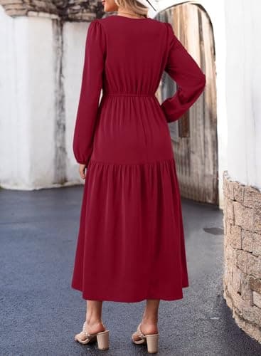 Dokotoo Dresses for Women 2026 Long Sleeve V Neck Smocked Empire Waist Ruffle Tiered Swing Split Maxi Dress Teacher Dresses Red Small - Thumbnail 2