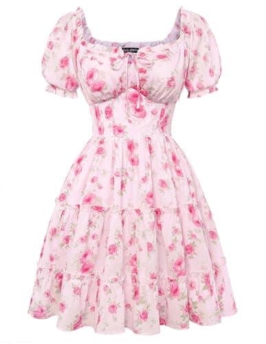 Scarlet Darkness Floral Corset Mini Dress Women Teen Summer Off Shoulder Dress Graduation Cute Sundress with Pockets Pink M - Image 1
