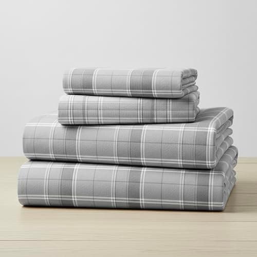 Mellanni Flannel Bed Sheet Set - 3 Piece Luxury 100% Heavyweight 180GSM Cotton - Cozy, Soft & Breathable - Deep Pockets with All-Around Elastic - Warm & Comfortable (Twin, Light Gray Plaid) - Image 1