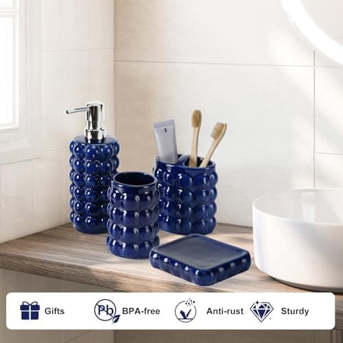 4 Piece Ceramic Bathroom Accessories Set –Soap Dispenser,Toothbrush Holder,Tumbler & Soap Dish,Includes Silicone Funnel,Non-Slip,Modern Farmhouse Countertop Organizer Set for Bathroom Decor, Navy Blue - Thumbnail 2